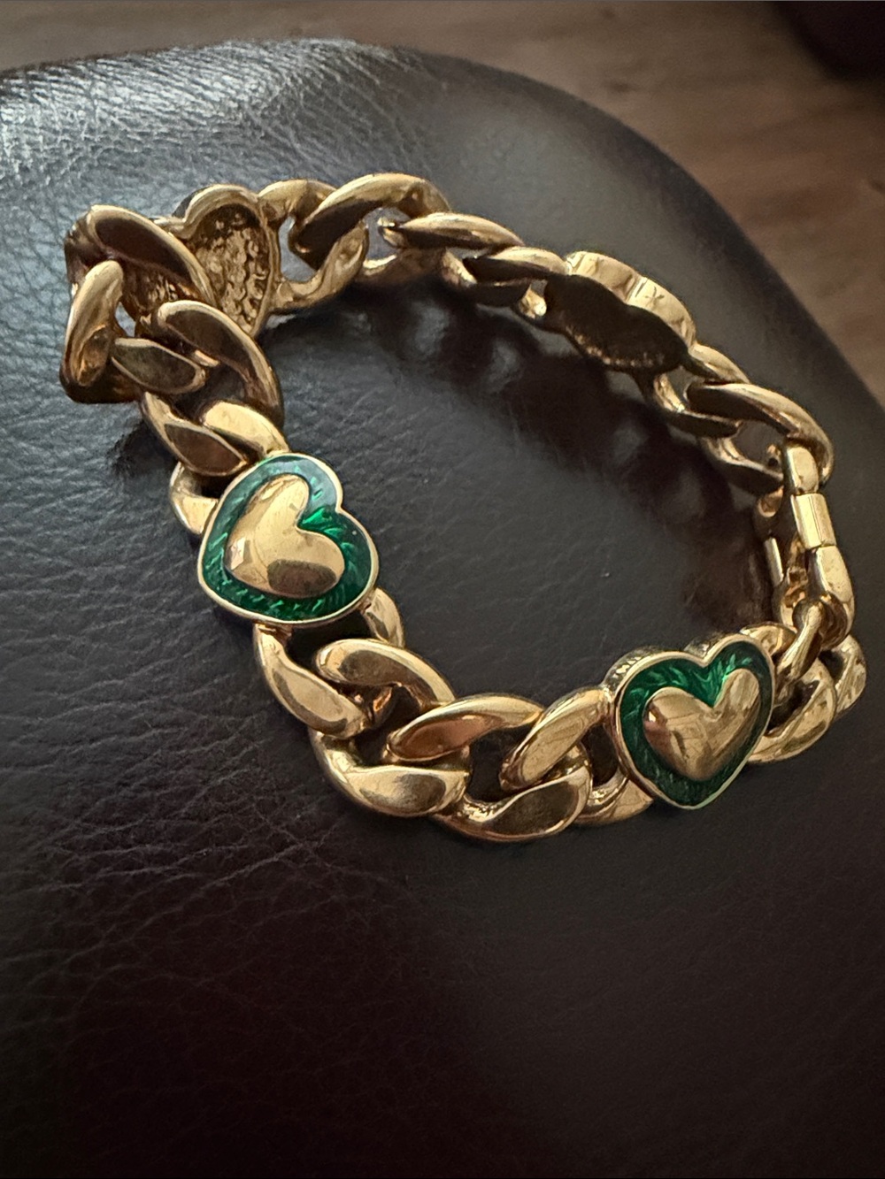 Gold-Tone Heart Link Bracelet with Emerald Enamel Accents